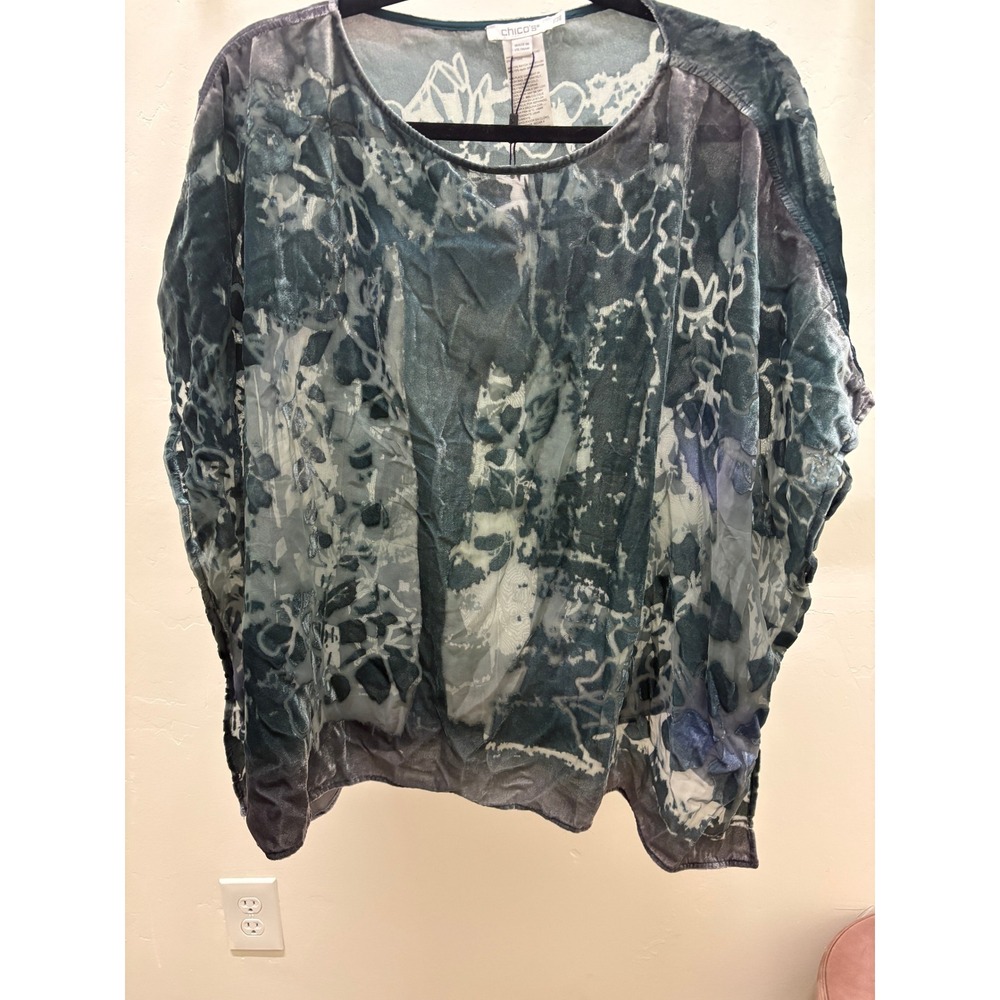 Chicos Burnout‎ Passion Velvet Poncho Striking Teal Blue Sheer Floral OS NEW